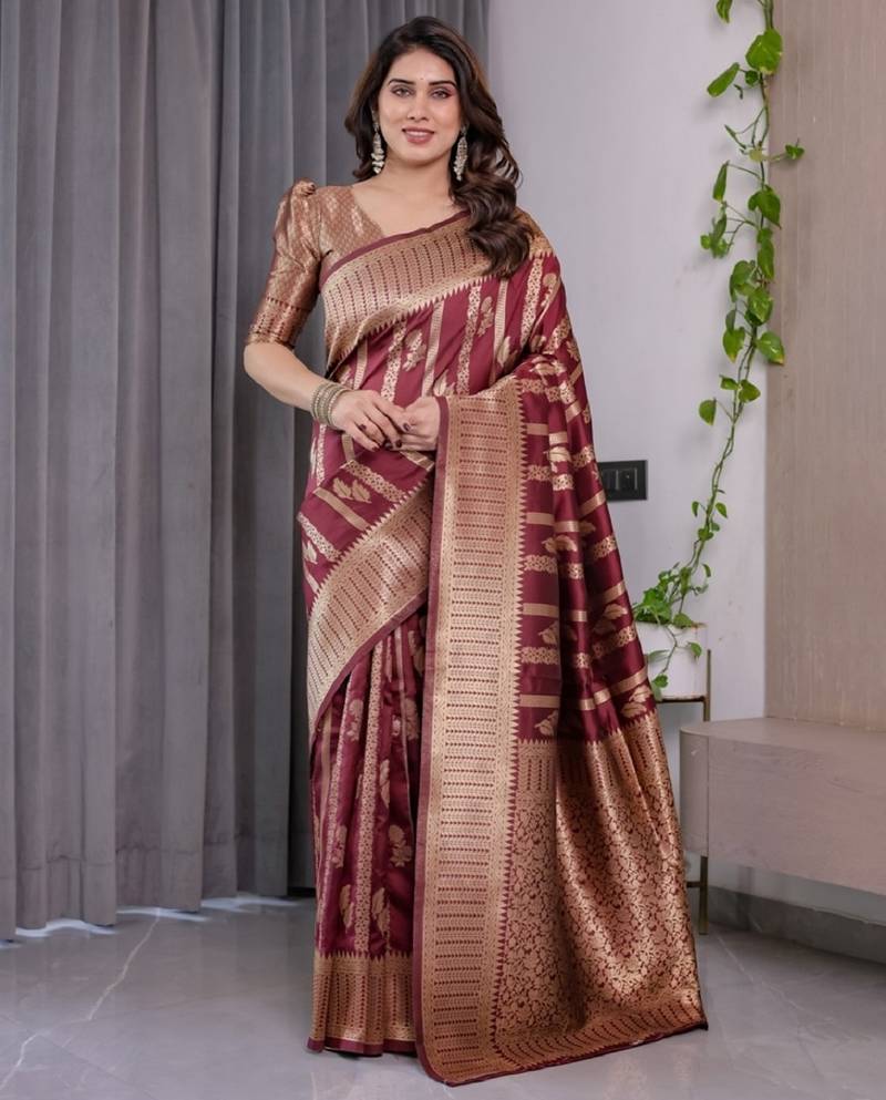 maroon soft art silk banarasi jacuard work designer party wear saree with unstitched blouse piece