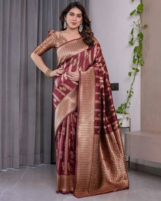 maroon silk blend banarasi saree with unstitched blouse piece 2