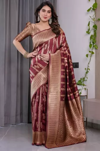 maroon silk blend banarasi saree with unstitched blouse piece