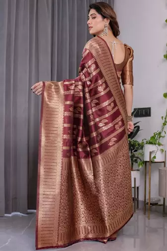 maroon silk blend banarasi saree with unstitched blouse piece