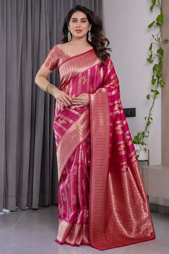 pink soft art silk banarasi jacuard work designer party wear saree with unstitched blouse piece