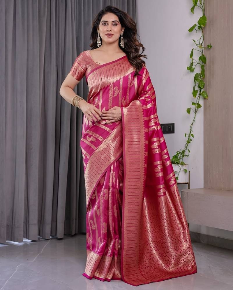 pink soft art silk banarasi jacuard work designer party wear saree with unstitched blouse piece