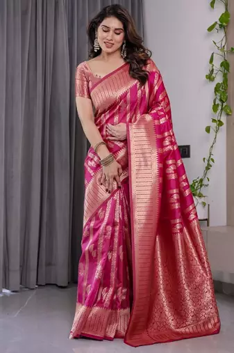 pink silk blend banarasi saree with unstitched blouse piece