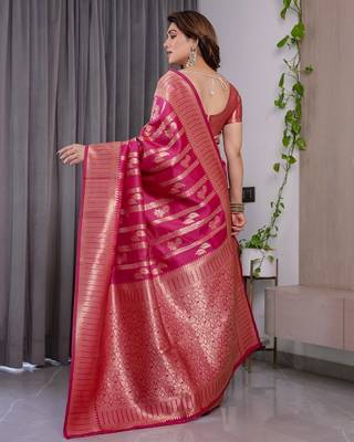 pink silk blend banarasi saree with unstitched blouse piece 3