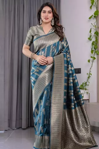 turquoise soft art silk banarasi jacuard work designer party wear saree with unstitched blouse piece