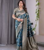 turquoise soft art silk banarasi jacuard work designer party wear saree with unstitched blouse piece