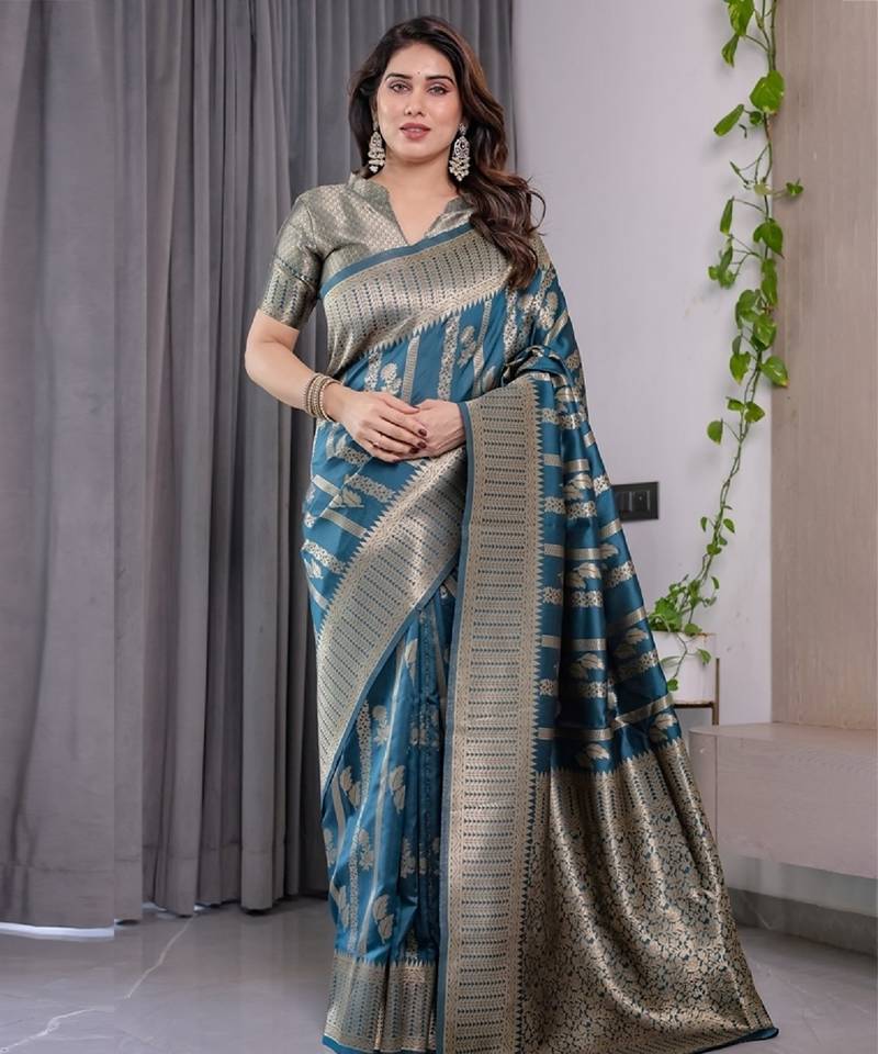 turquoise soft art silk banarasi jacuard work designer party wear saree with unstitched blouse piece