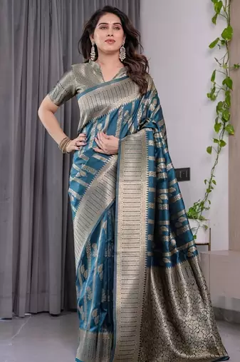 turquoise silk blend banarasi saree with unstitched blouse piece