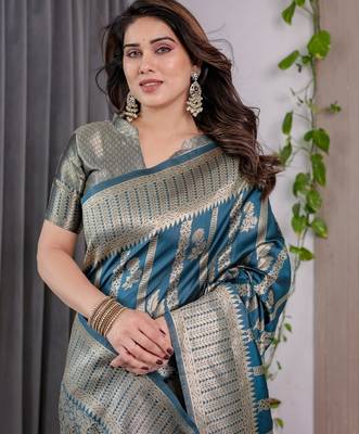 turquoise silk blend banarasi saree with unstitched blouse piece 5