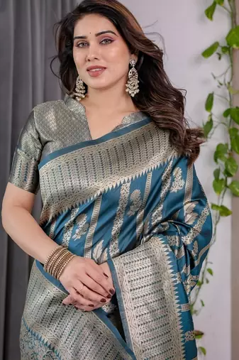 turquoise silk blend banarasi saree with unstitched blouse piece