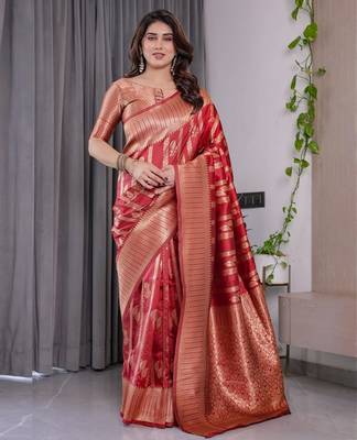red silk blend banarasi saree with unstitched blouse piece 1