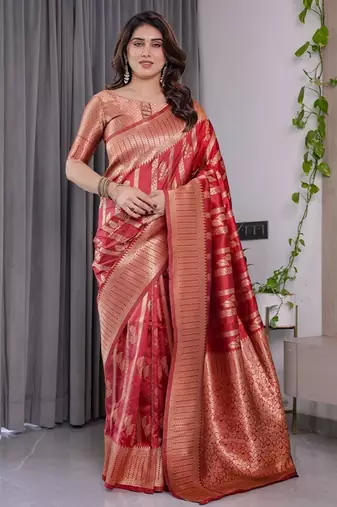 red soft art silk banarasi jacuard work designer party wear saree with unstitched blouse piece