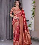 red soft art silk banarasi jacuard work designer party wear saree with unstitched blouse piece