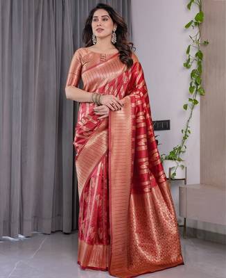 red silk blend banarasi saree with unstitched blouse piece 2
