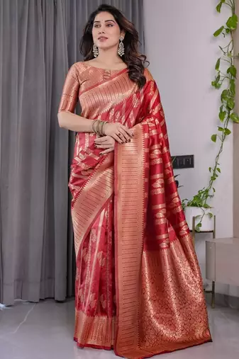 red silk blend banarasi saree with unstitched blouse piece