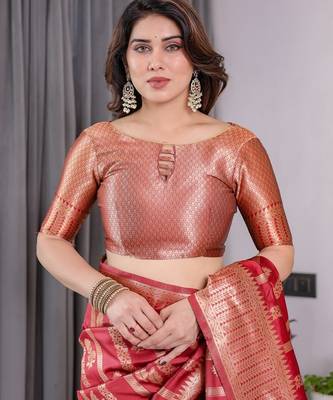 red silk blend banarasi saree with unstitched blouse piece 4