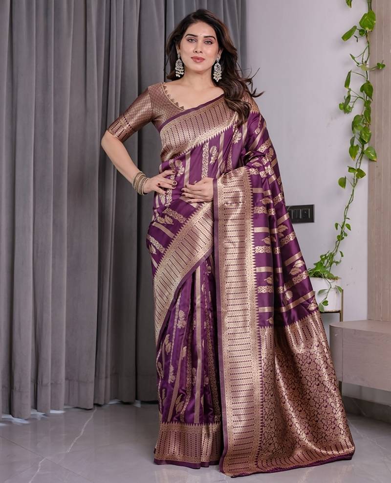 wine soft art silk banarasi jacuard work designer party wear saree with unstitched blouse piece