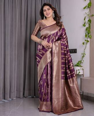 wine silk blend banarasi saree with unstitched blouse piece 2