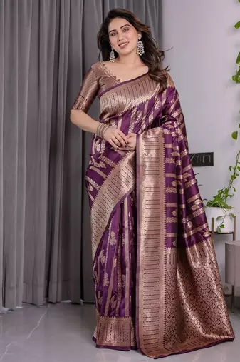 wine silk blend banarasi saree with unstitched blouse piece