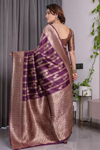 wine silk blend banarasi saree with unstitched blouse piece
