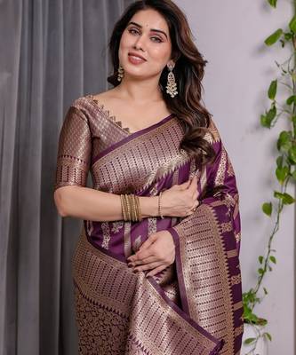 wine silk blend banarasi saree with unstitched blouse piece 5