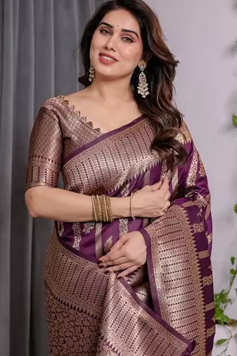 wine silk blend banarasi saree with unstitched blouse piece