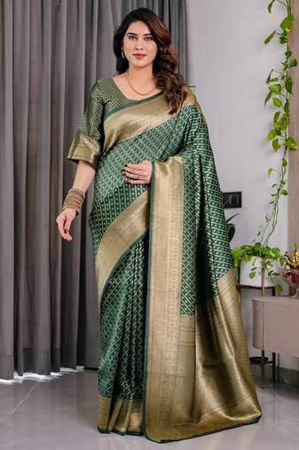green soft art silk banarasi jacuard work designer party wear saree with unstitched blouse piece