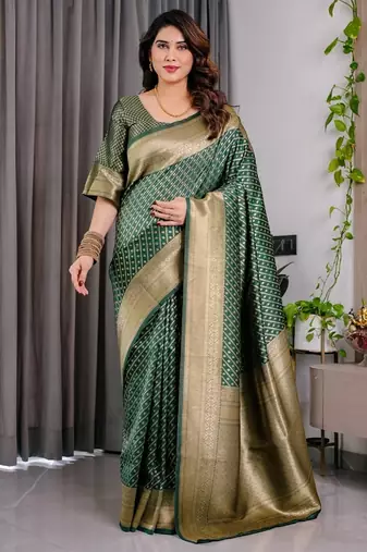 green soft art silk banarasi jacuard work designer party wear saree with unstitched blouse piece