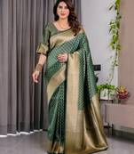 green soft art silk banarasi jacuard work designer party wear saree with unstitched blouse piece
