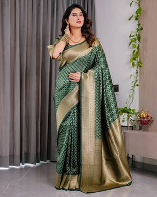 green silk blend banarasi saree with unstitched blouse piece 2