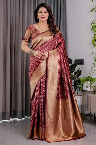 maroon soft art silk banarasi jacuard work designer party wear saree with unstitched blouse piece