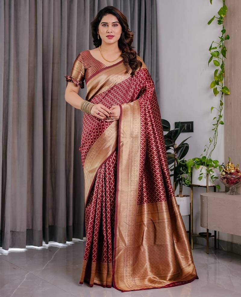 maroon soft art silk banarasi jacuard work designer party wear saree with unstitched blouse piece