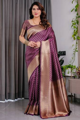purple soft art silk banarasi jacuard work designer party wear saree with unstitched blouse piece