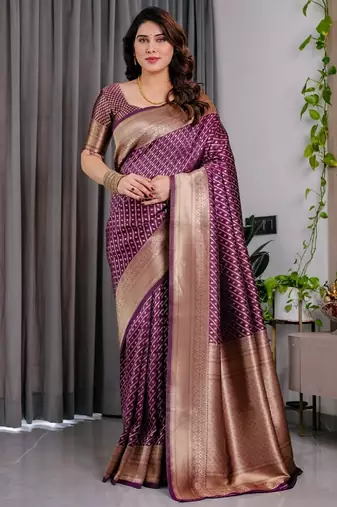 purple soft art silk banarasi jacuard work designer party wear saree with unstitched blouse piece