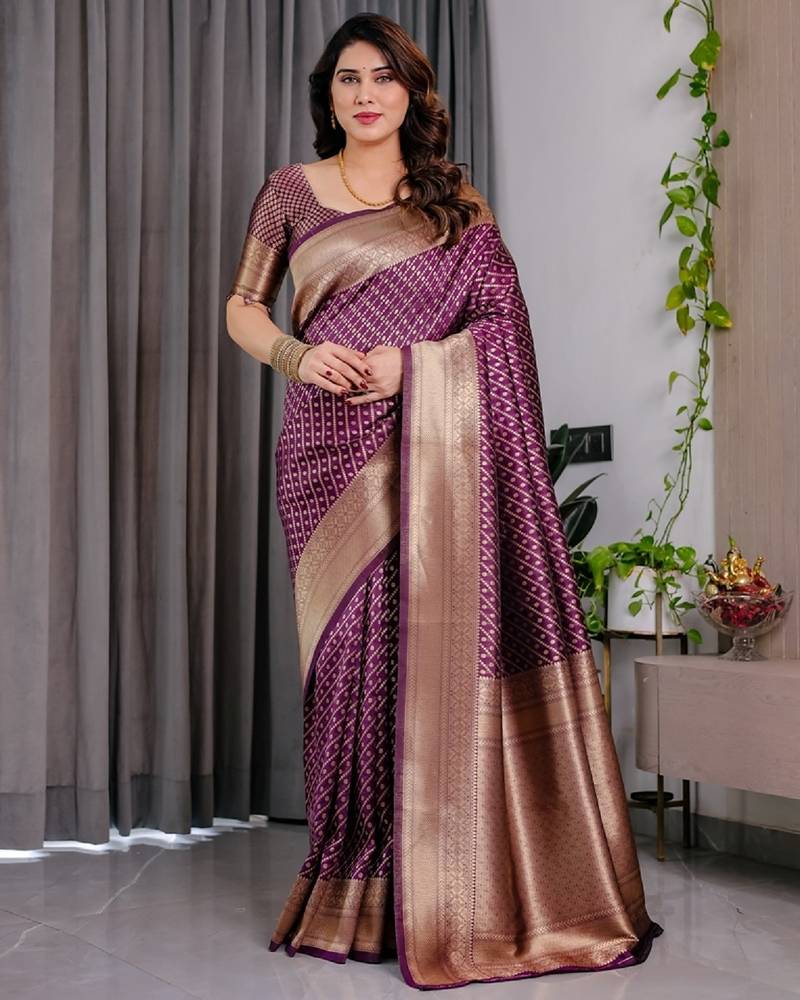 purple soft art silk banarasi jacuard work designer party wear saree with unstitched blouse piece