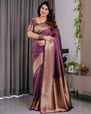 purple silk blend banarasi saree with unstitched blouse piece 2