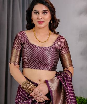 purple silk blend banarasi saree with unstitched blouse piece 4