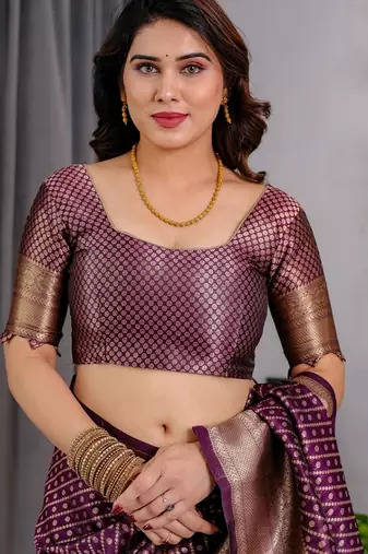purple silk blend banarasi saree with unstitched blouse piece