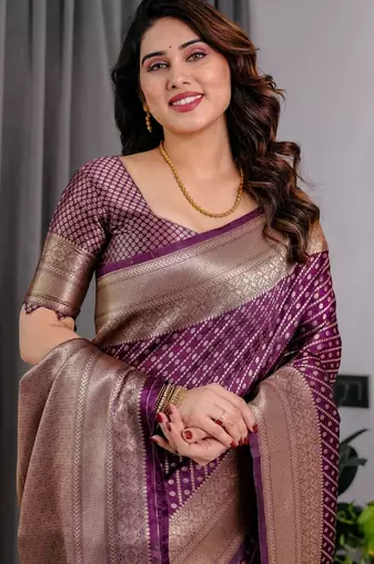 purple silk blend banarasi saree with unstitched blouse piece