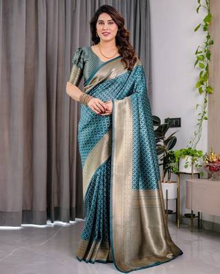 turquoise silk blend banarasi saree with unstitched blouse piece 1