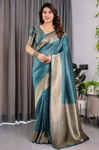 turquoise soft art silk banarasi jacuard work designer party wear saree with unstitched blouse piece