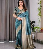 turquoise soft art silk banarasi jacuard work designer party wear saree with unstitched blouse piece