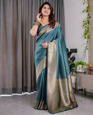 turquoise silk blend banarasi saree with unstitched blouse piece 2