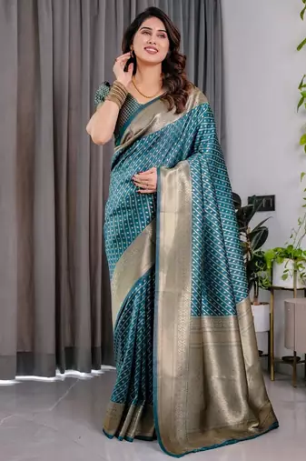 turquoise silk blend banarasi saree with unstitched blouse piece