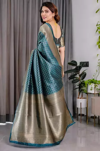 turquoise silk blend banarasi saree with unstitched blouse piece