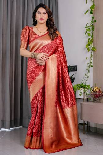 red soft art silk banarasi jacuard work designer party wear saree with unstitched blouse piece