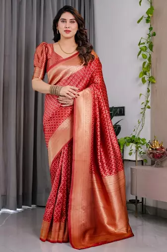 red soft art silk banarasi jacuard work designer party wear saree with unstitched blouse piece