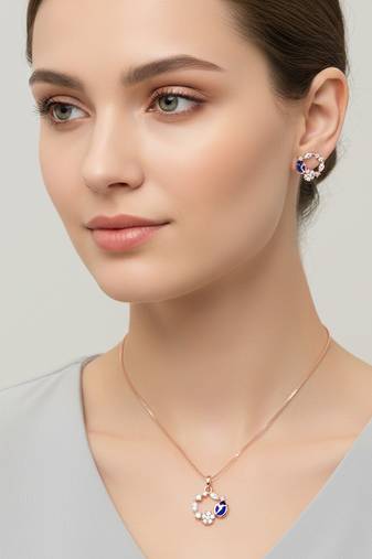 Latest stylish rose gold plated cz american diamond pendant necklace set with earrings for women