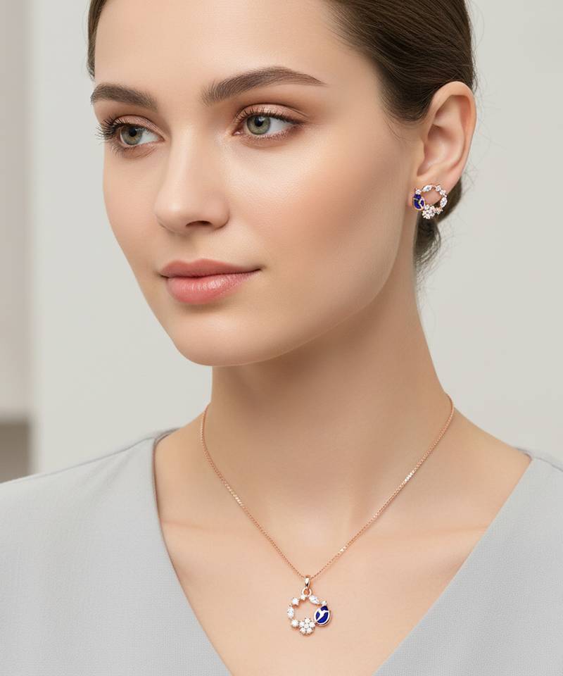 Latest stylish rose gold plated cz american diamond pendant necklace set with earrings for women