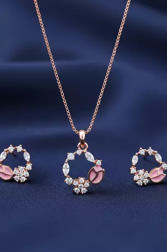 Latest stylish rose gold plated cz american diamond pendant necklace set with earrings for women